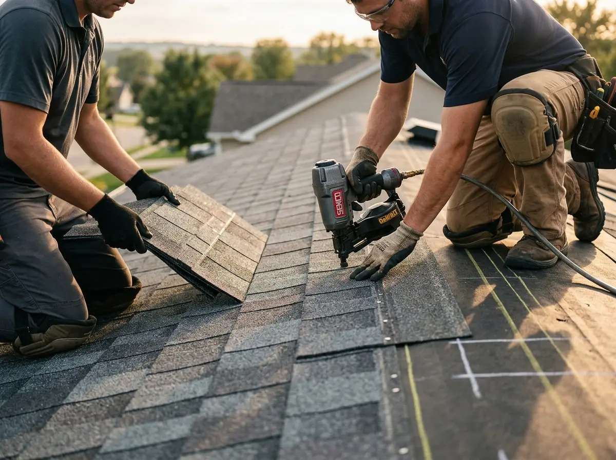 Professional roofer working on a residential roof in Fellsmere